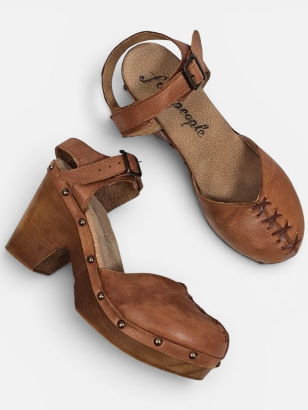 Free People Doub's Clogs Sz. EU37 Chunky Wooden Block Heel Round Toe Retro Mules